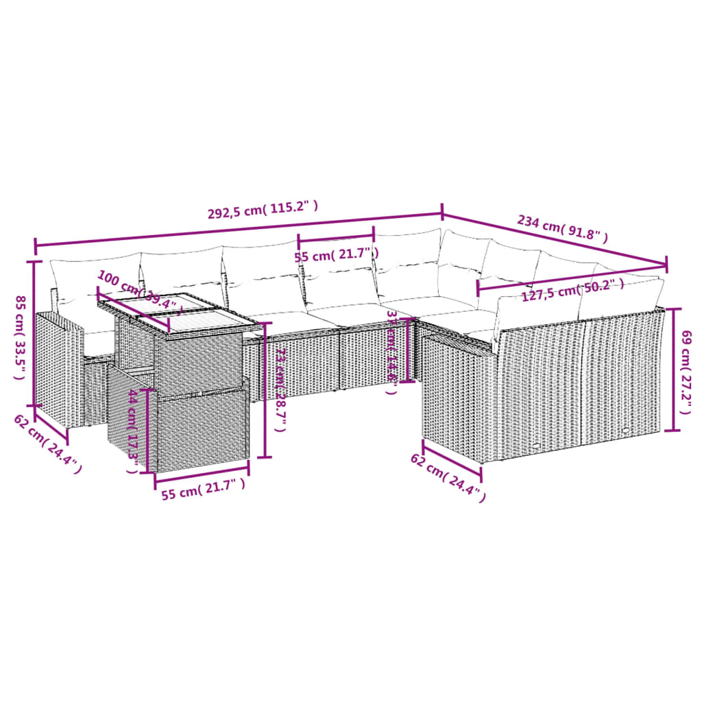 Set Divani da Giardino 10pz con Cuscini in Polyrattan Nero