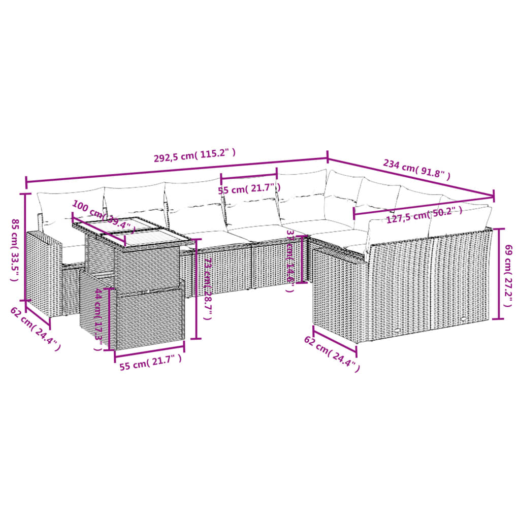 Set Divano da Giardino 10 pz con Cuscini Grigio in Polyrattan | homemem39