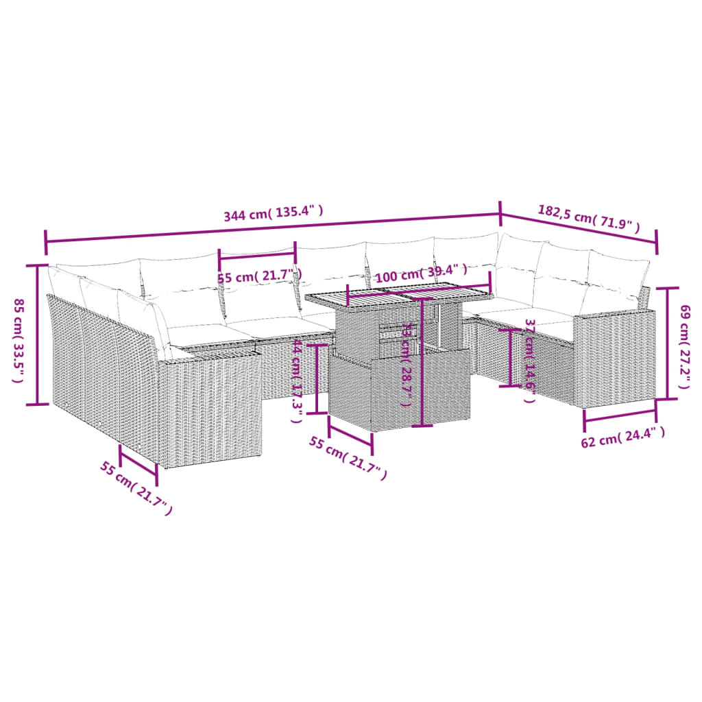 Set Divani da Giardino 11 pz con Cuscini in Polyrattan Nero | homemem39