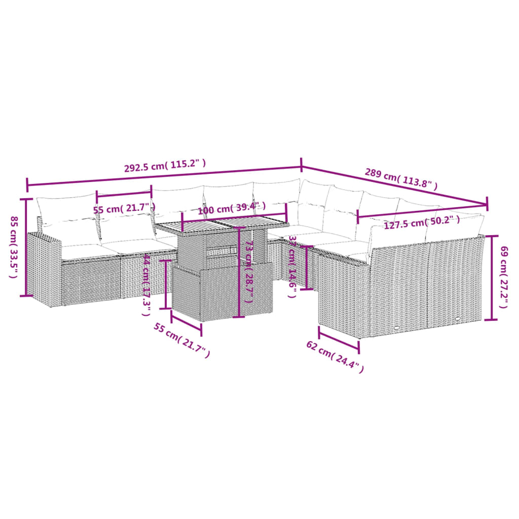 Set Divani da Giardino 11 pz con Cuscini in Polyrattan Grigio | homemem39