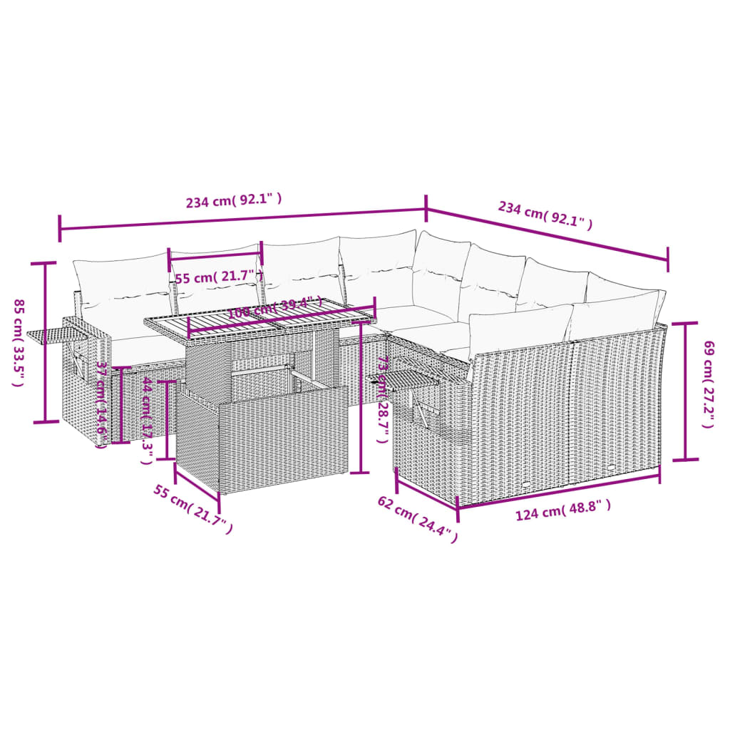 Set Divani da Giardino 9 pz con Cuscini Nero in Polyrattan | homemem39