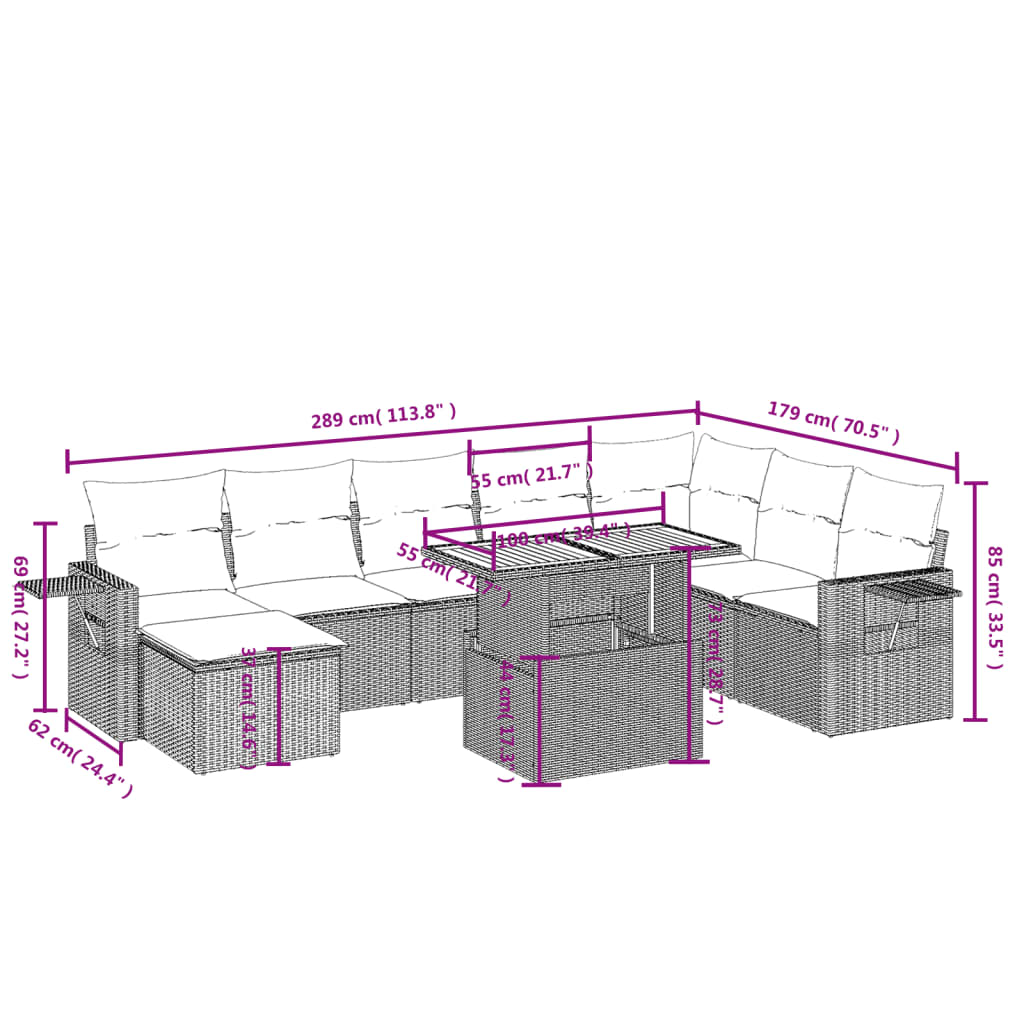 Set Divano da Giardino 9 pz con Cuscini Beige in Polyrattan | homemem39