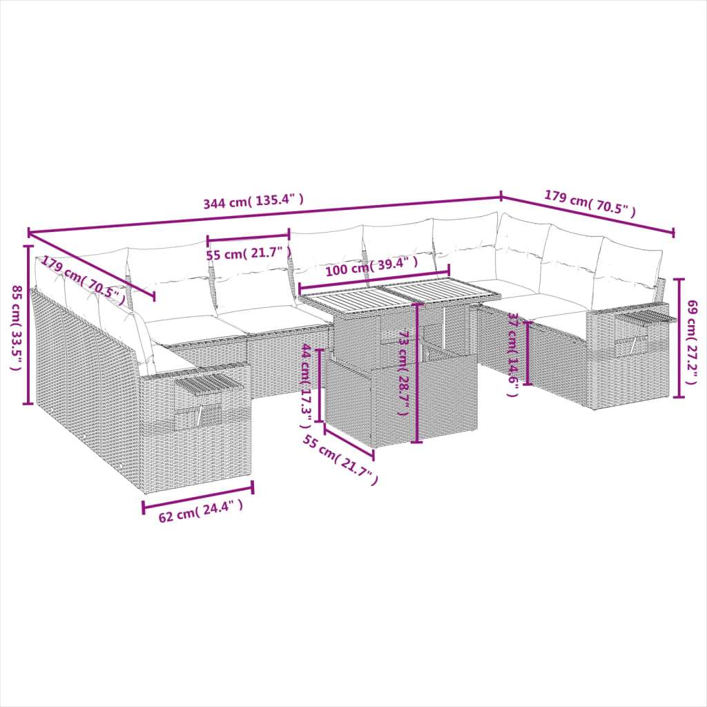 Set Divani da Giardino 11 pz con Cuscini in Polyrattan Nero | homemem39