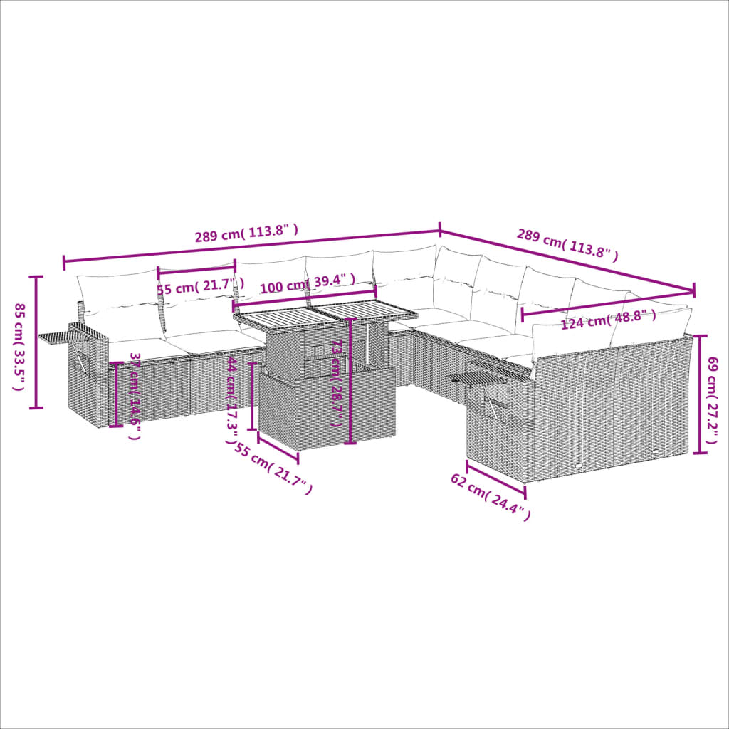 Set Divani da Giardino 11 pz con Cuscini in Polyrattan Nero | homemem39