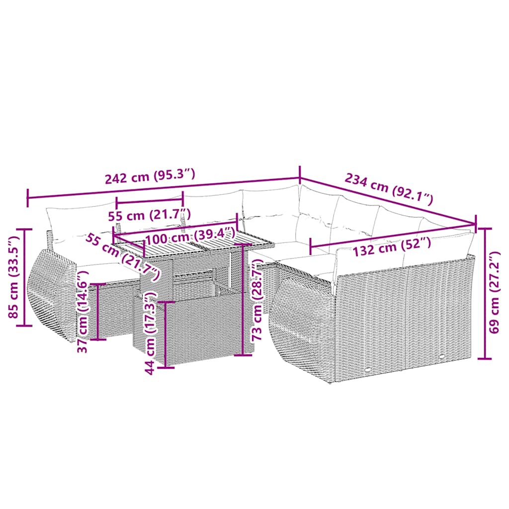 Set Divano da Giardino 9 pz con Cuscini Beige in Polyrattan | homemem39