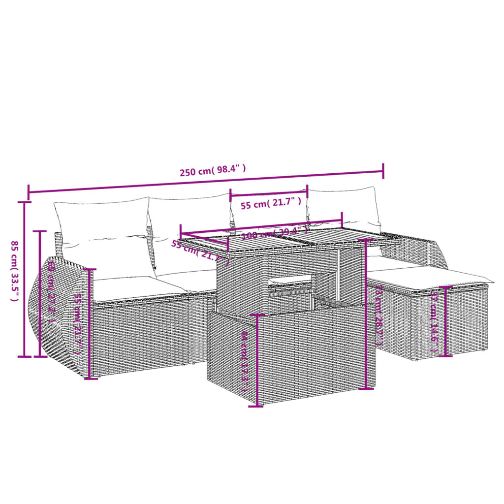 Set Divano da Giardino 6 pz con Cuscini Nero in Polyrattan | homemem39