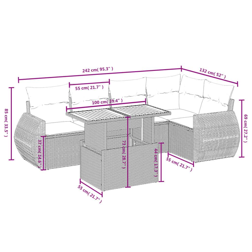 Set Divano da Giardino 6 pz con Cuscini Nero in Polyrattan | homemem39
