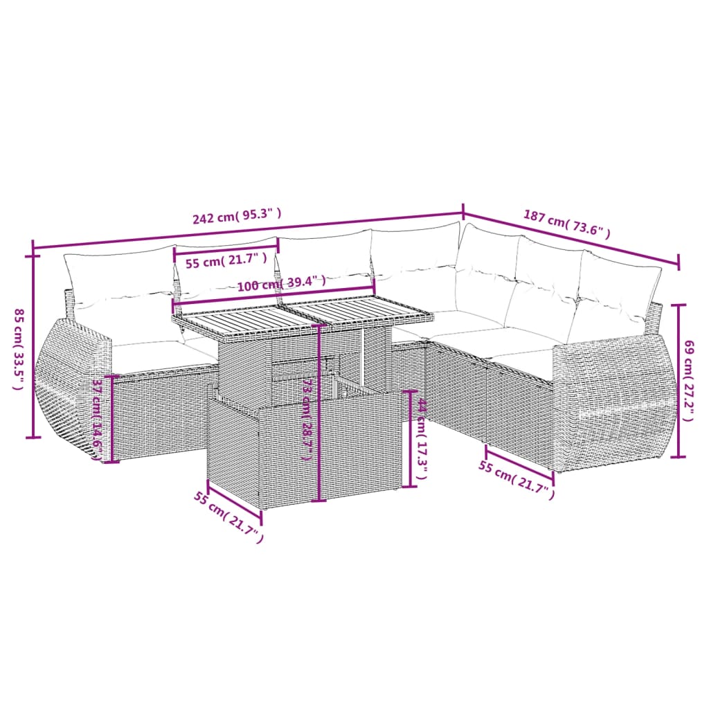 Set Divani da Giardino 7 pz con Cuscini Grigio in Polyrattan | homemem39