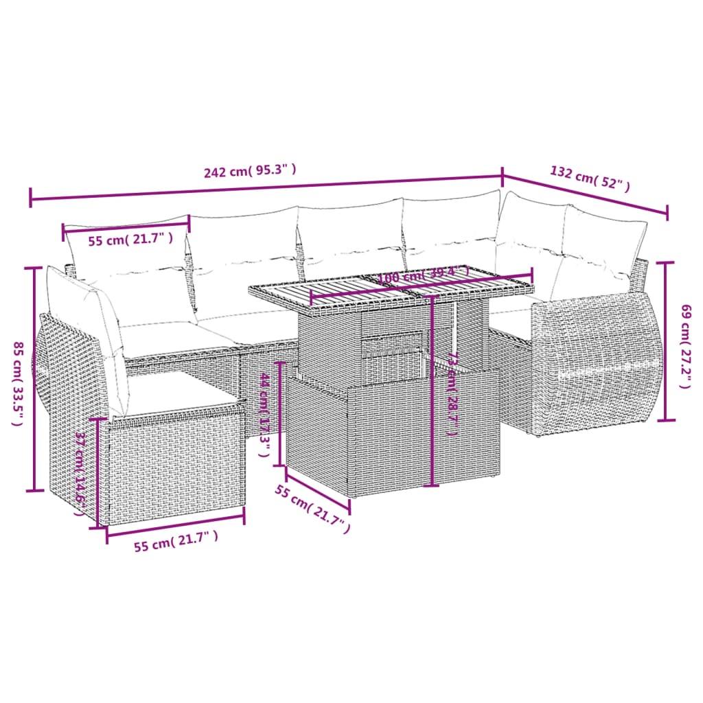 Set Divani da Giardino 7 pz con Cuscini Beige in Polyrattan | homemem39