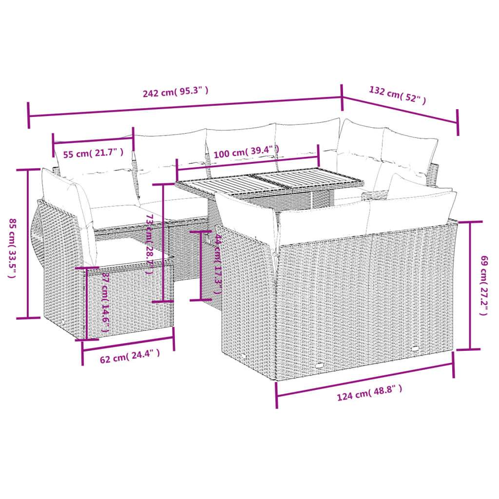 Set Divani da Giardino 9 pz con Cuscini Nero in Polyrattan | homemem39