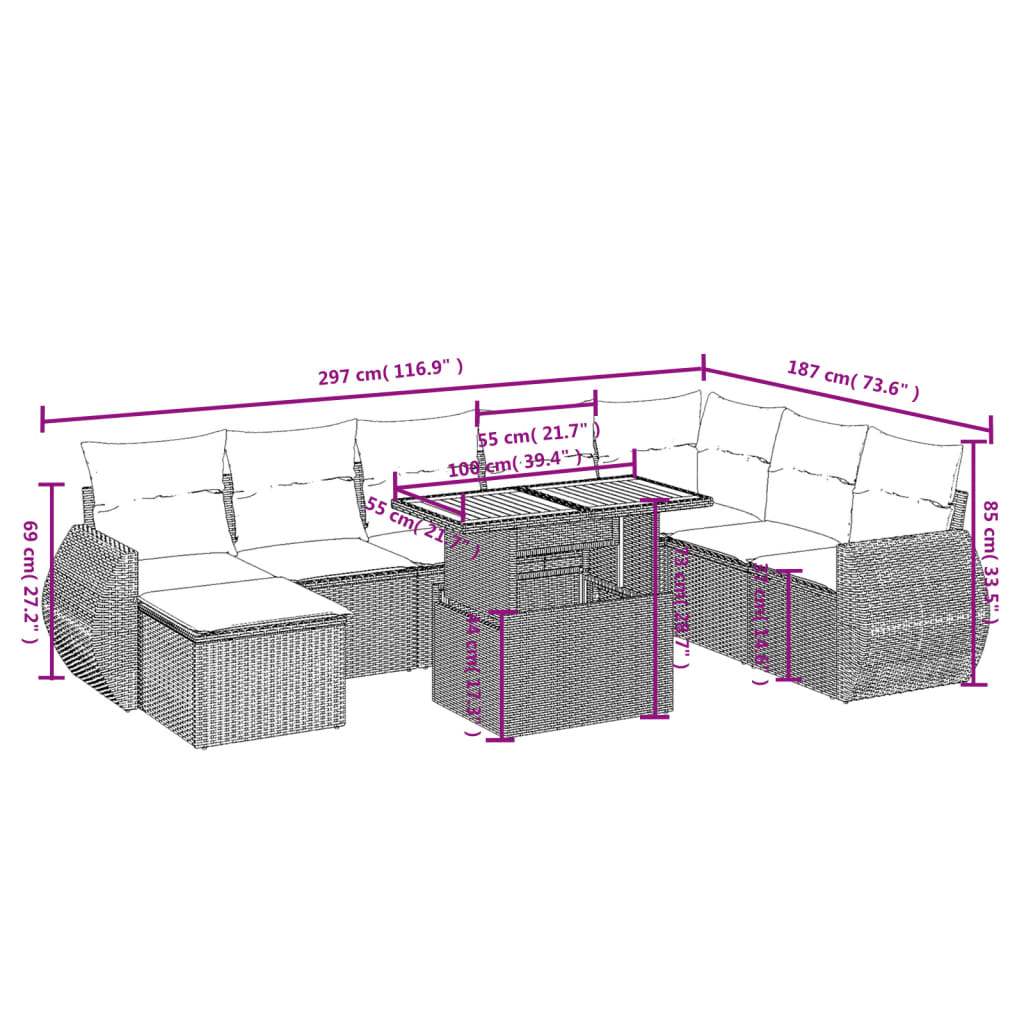 Set Divani da Giardino 9 pz con Cuscini Nero in Polyrattan | homemem39