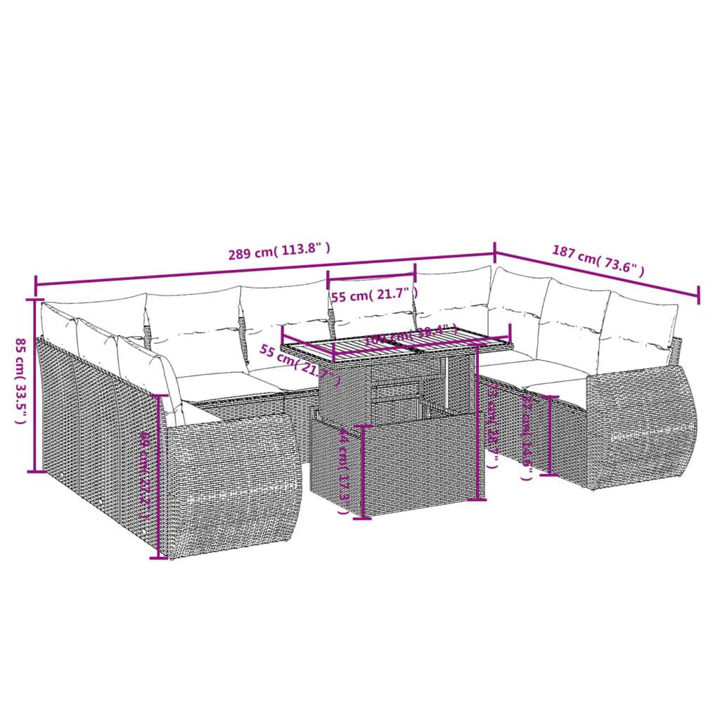 Set Divano da Giardino 10 pz con Cuscini Grigio in Polyrattan | homemem39