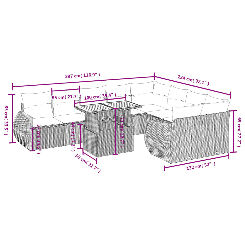 Set Divano da Giardino 10 pz con Cuscini Grigio in Polyrattan | homemem39