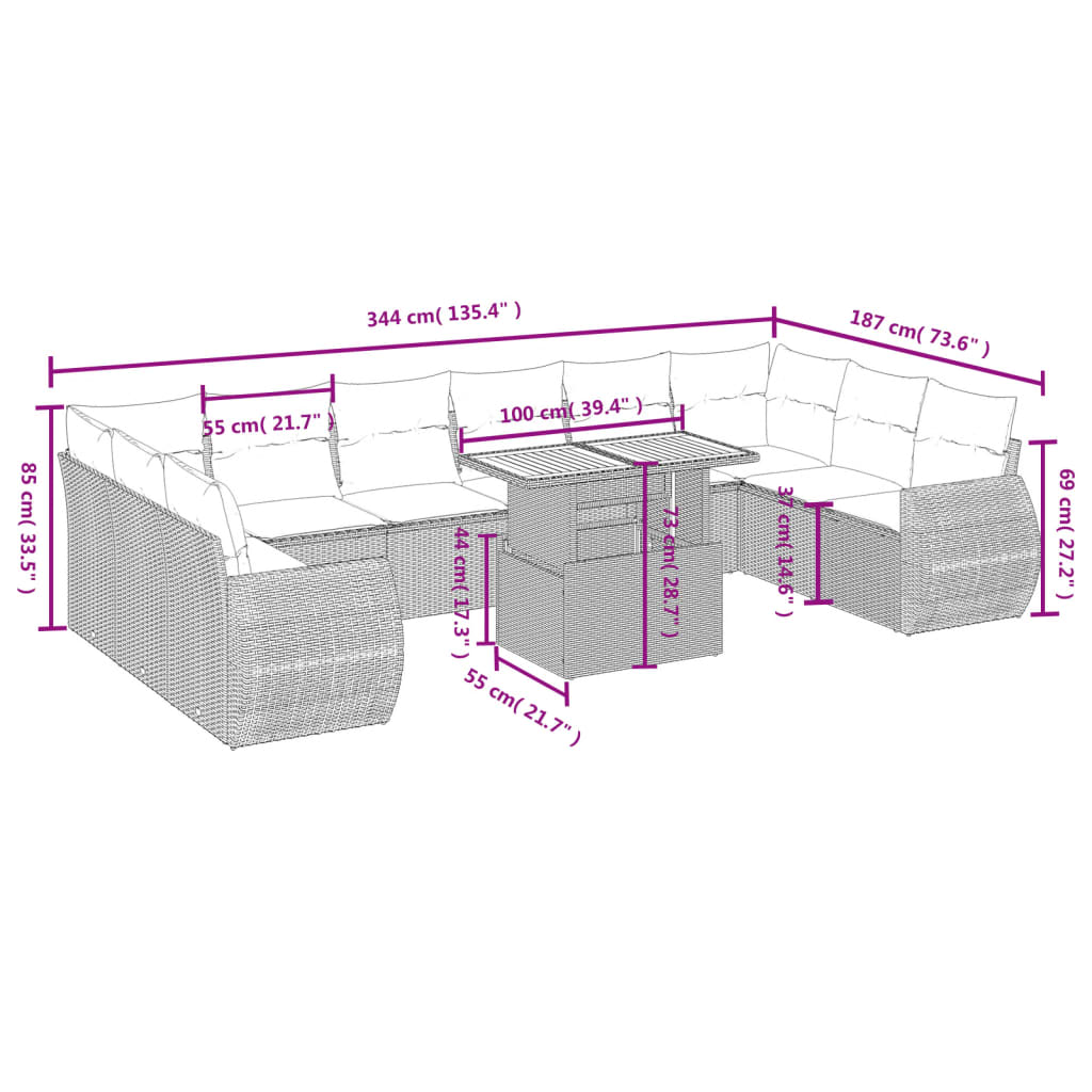 Set Divani da Giardino 11 pz con Cuscini in Polyrattan Nero | homemem39