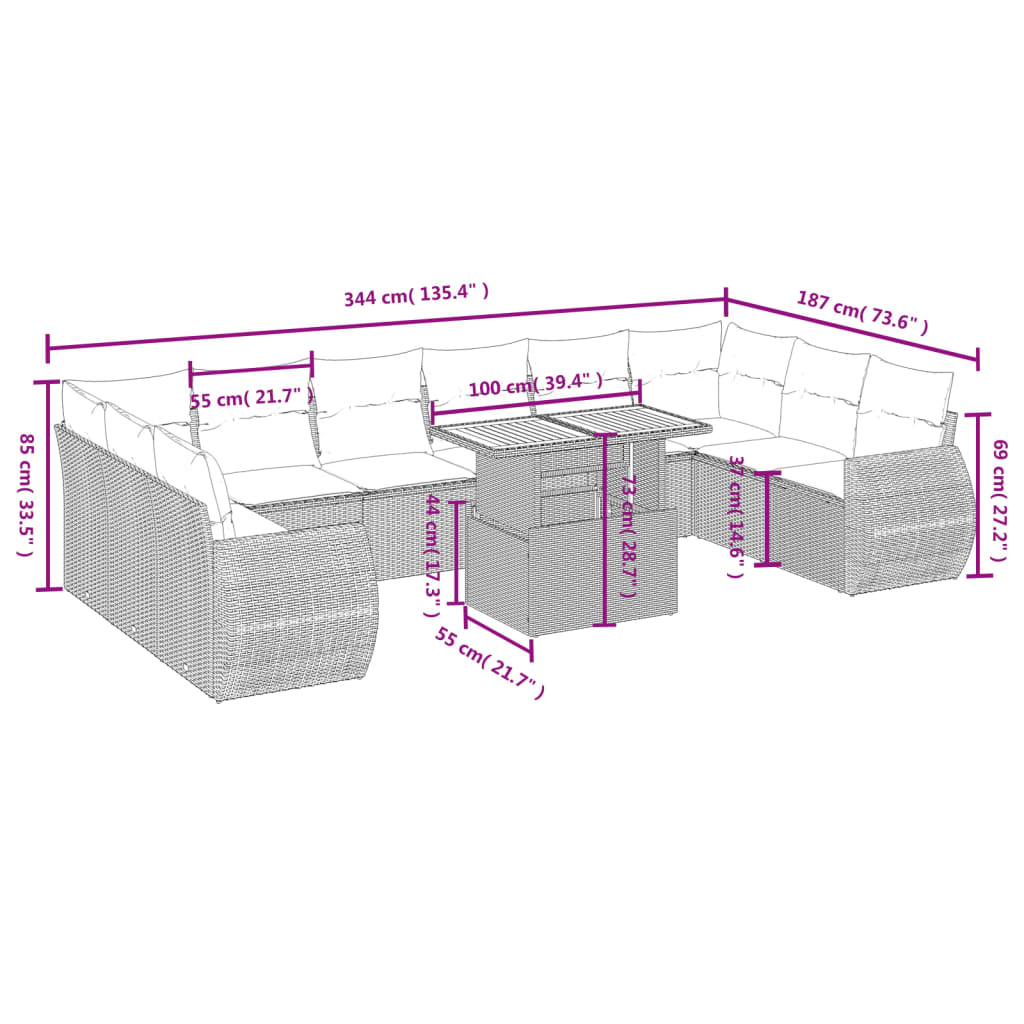 Set Divani da Giardino 11 pz con Cuscini Beige in Polyrattan | homemem39