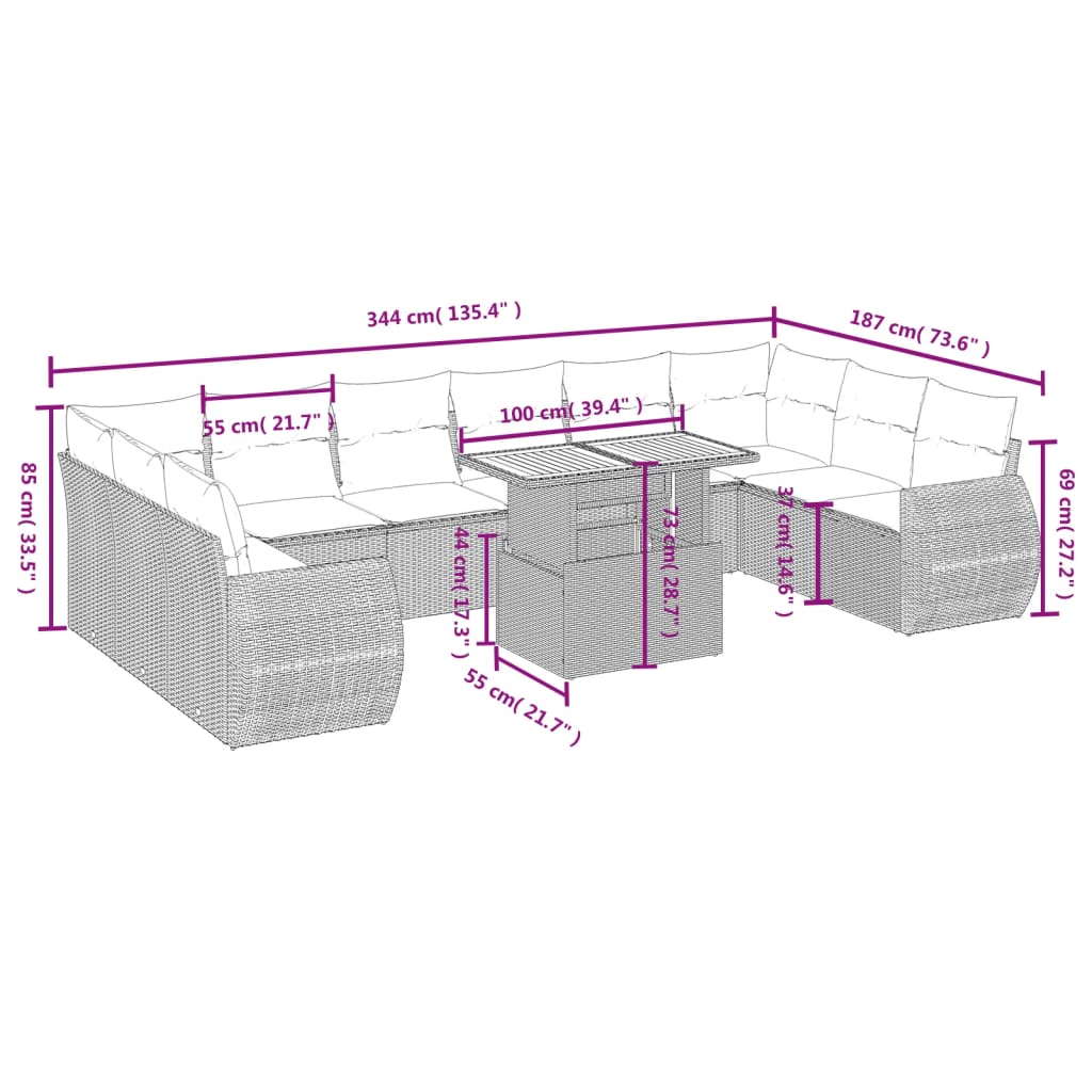 Set Divani da Giardino 11 pz con Cuscini in Polyrattan Grigio | homemem39