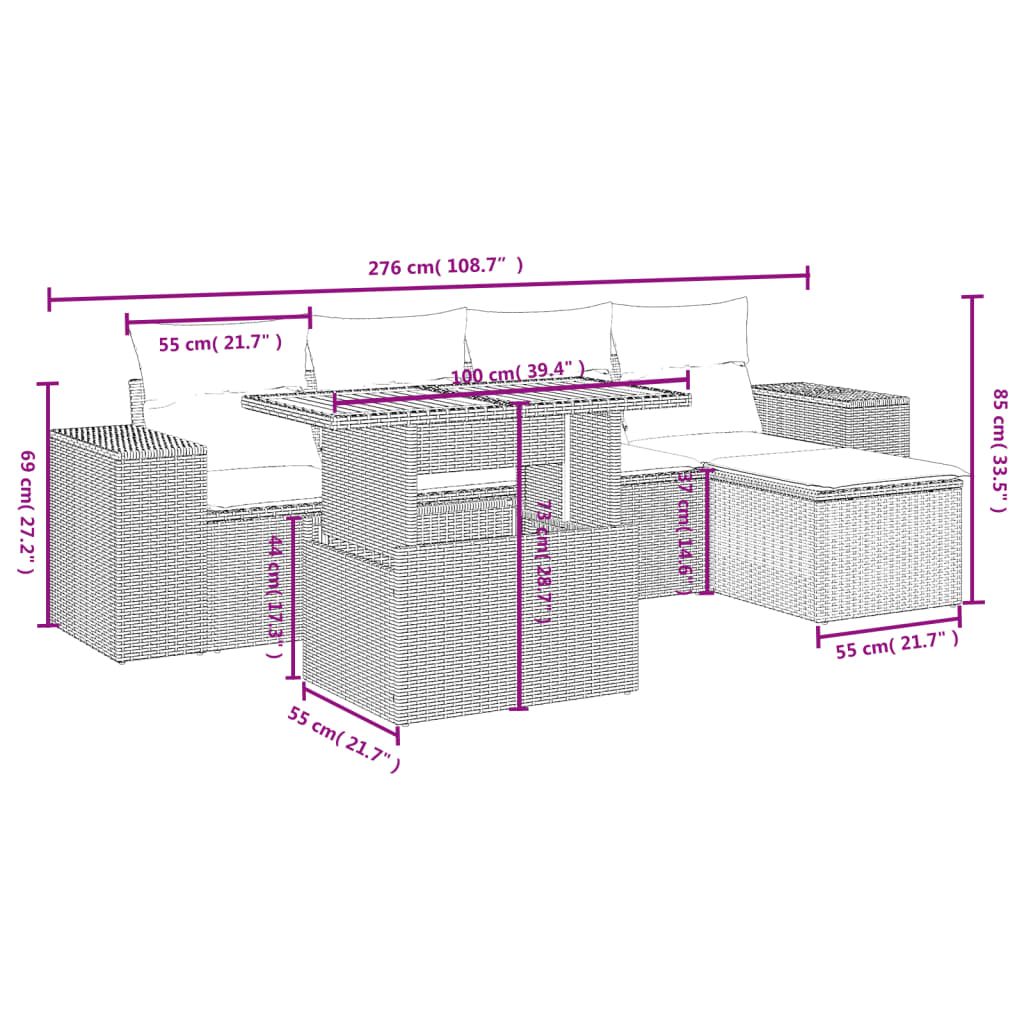 Set Divano da Giardino 6 pz con Cuscini Grigio in Polyrattan