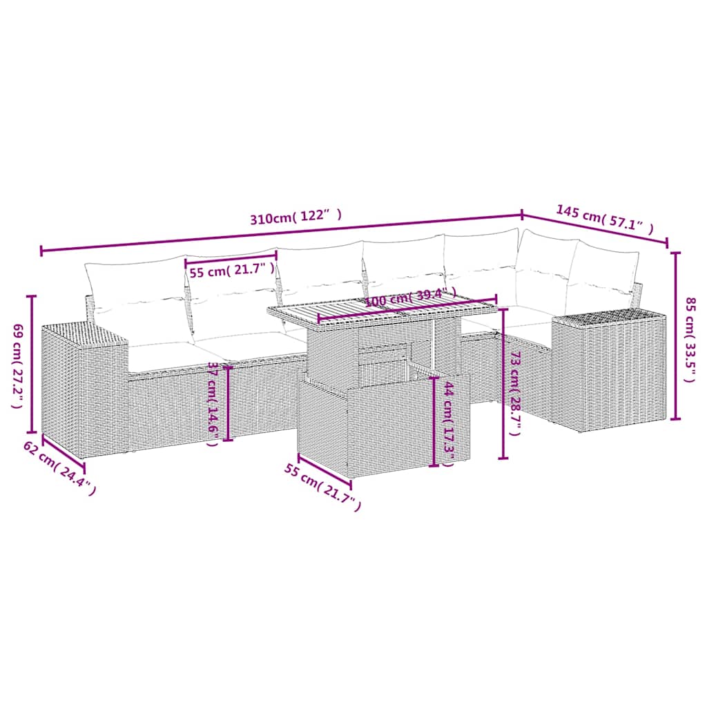 Set Divani da Giardino 7 pz con Cuscini Beige in Polyrattan | homemem39