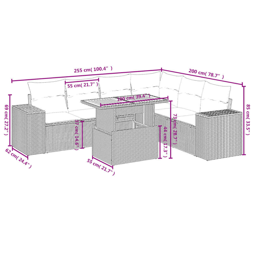 Set Divani da Giardino 7 pz con Cuscini Beige in Polyrattan