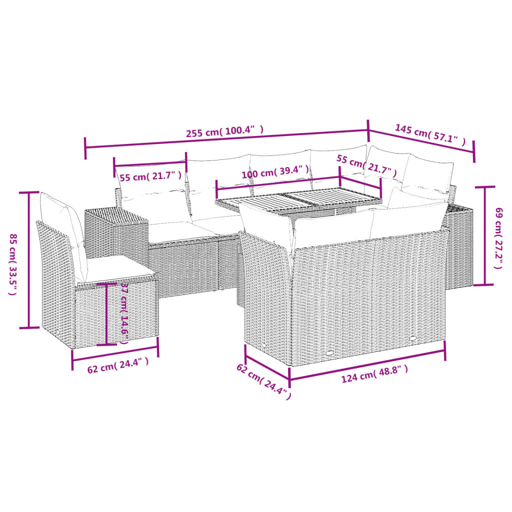 Set Divano da Giardino 9 pz con Cuscini Beige in Polyrattan