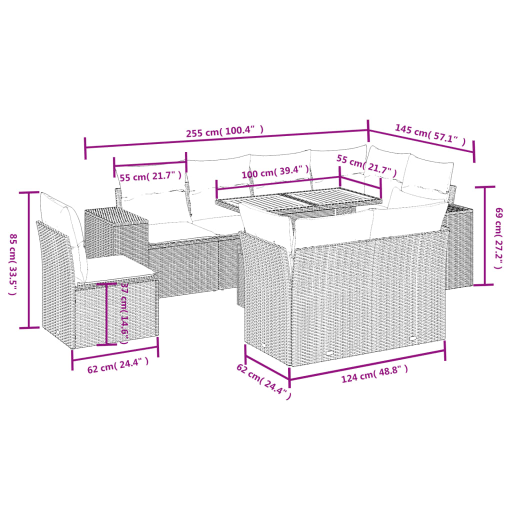 Set Divano da Giardino 9 pz con Cuscini Beige in Polyrattan | homemem39