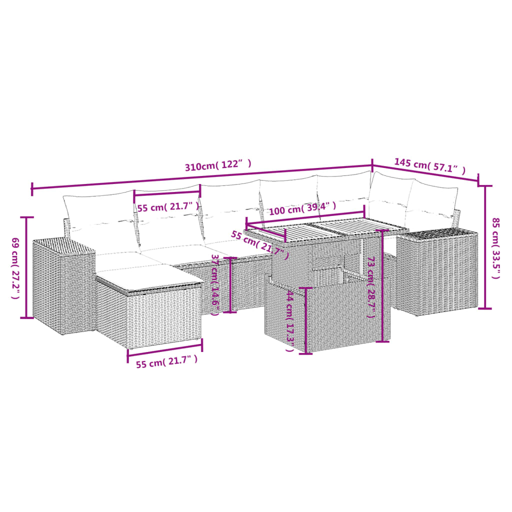 Set Divani da Giardino con Cuscini 8 pz Nero in Polyrattan | homemem39