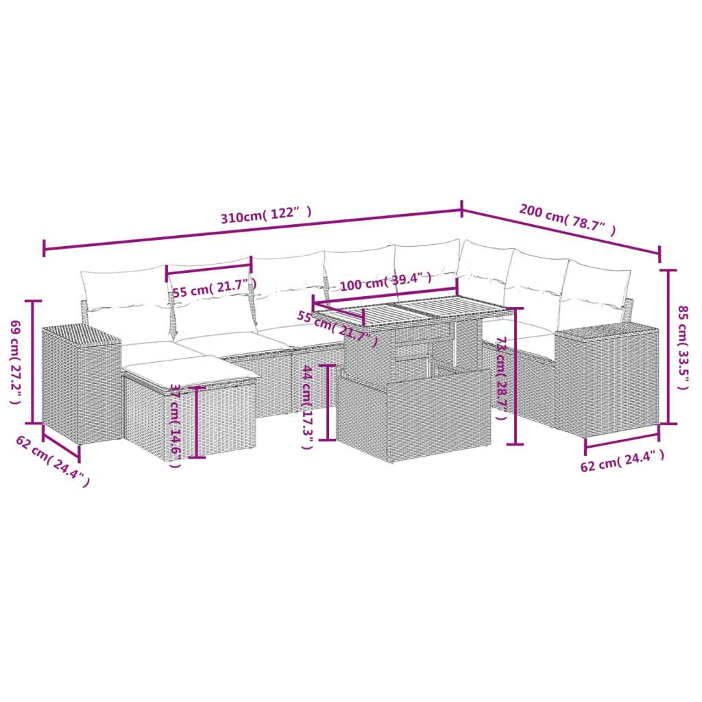 Set Divani da Giardino 9 pz con Cuscini Nero in Polyrattan | homemem39