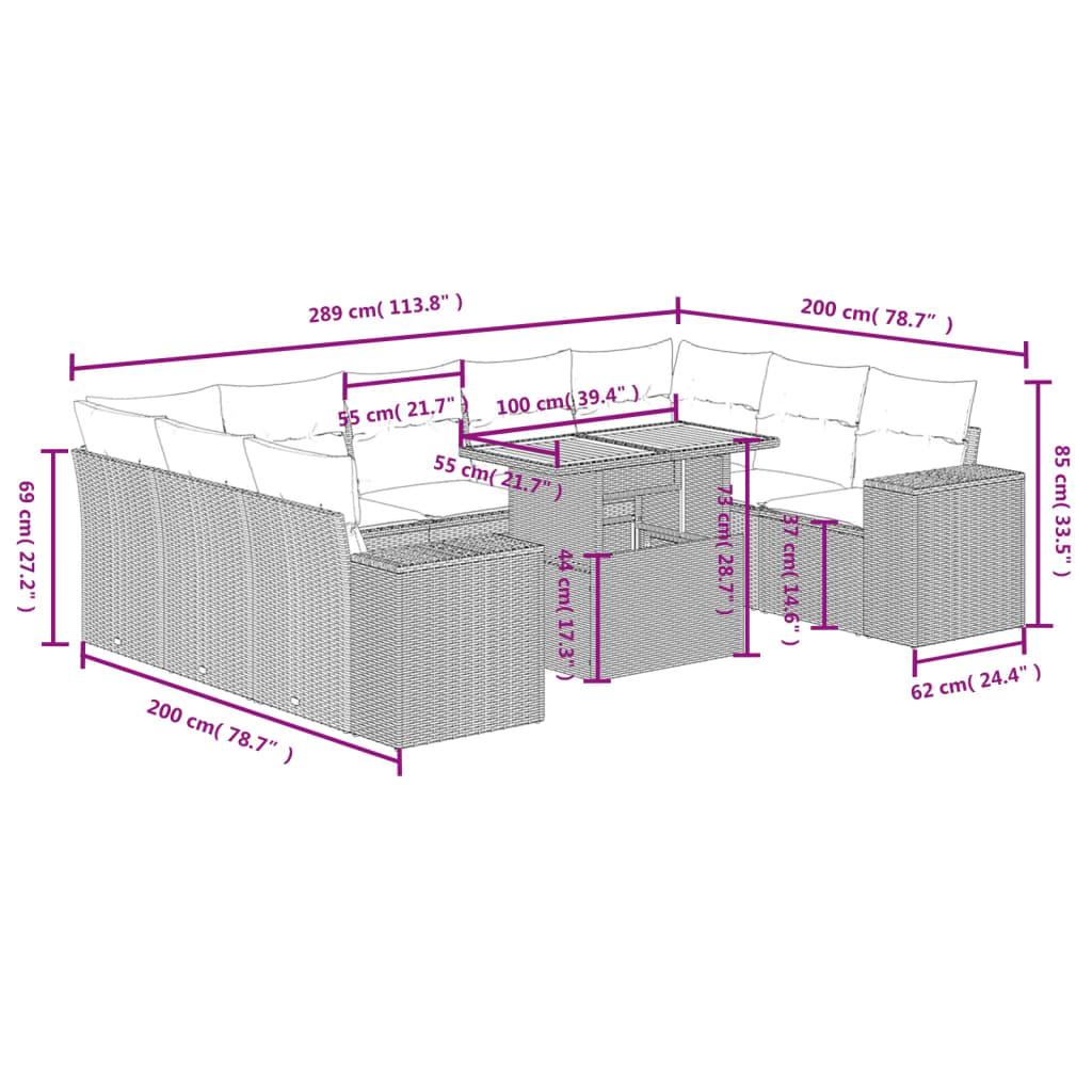 Set Divano da Giardino 10 pz con Cuscini Beige in Polyrattan | homemem39