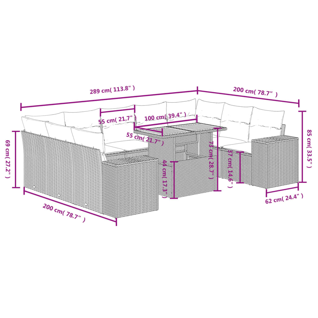 Set Divano da Giardino 10 pz con Cuscini Grigio in Polyrattan | homemem39