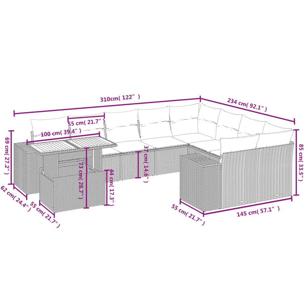 Set Divani da Giardino 10pz con Cuscini in Polyrattan Nero | homemem39