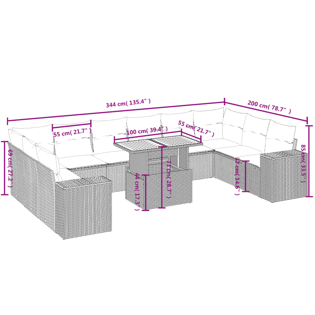 Set Divani da Giardino 11 pz con Cuscini Beige in Polyrattan | homemem39