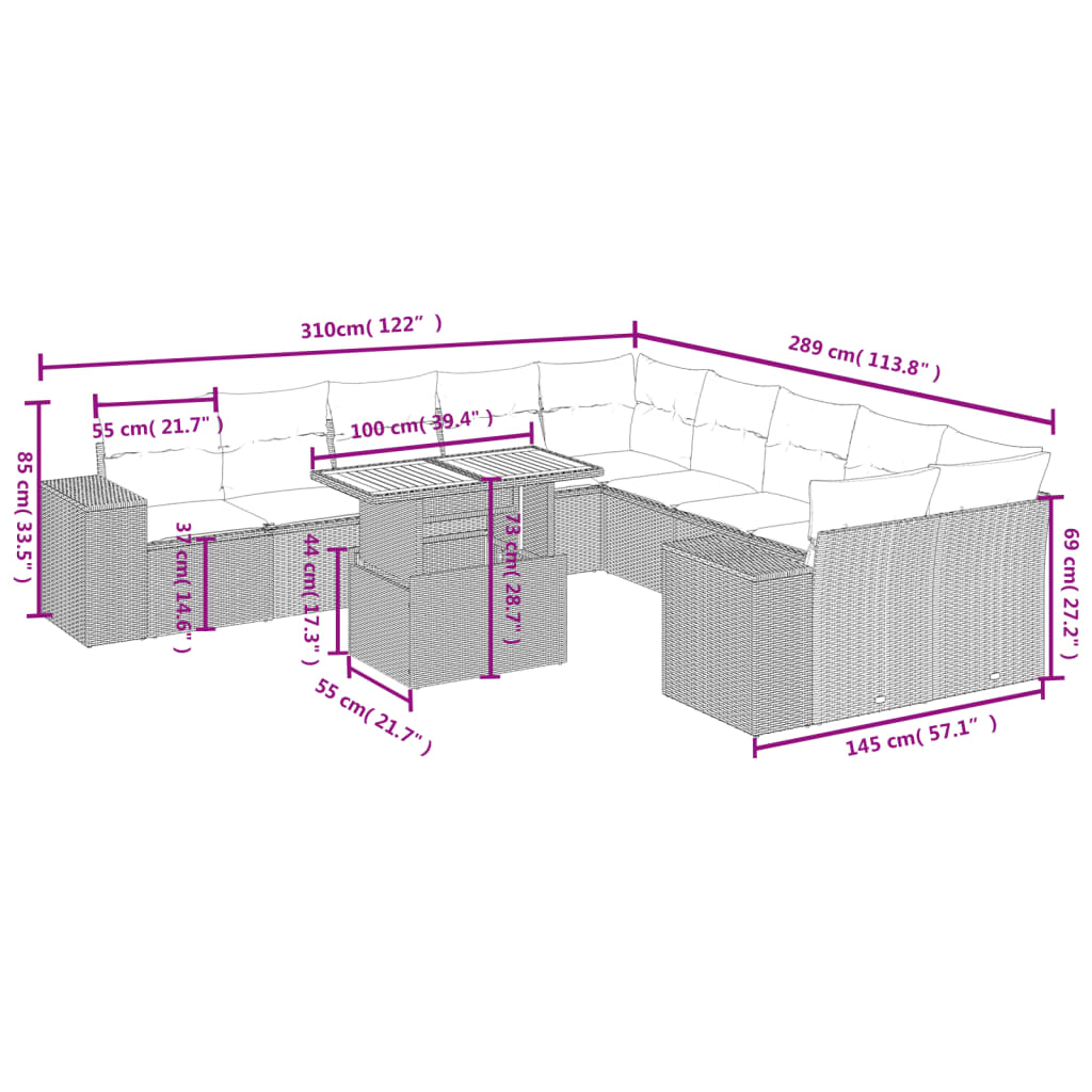 Set Divani da Giardino 11 pz con Cuscini Beige in Polyrattan | homemem39