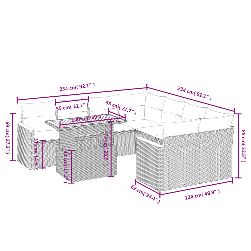 Set Divano da Giardino 9 pz con Cuscini Beige in Polyrattan | homemem39
