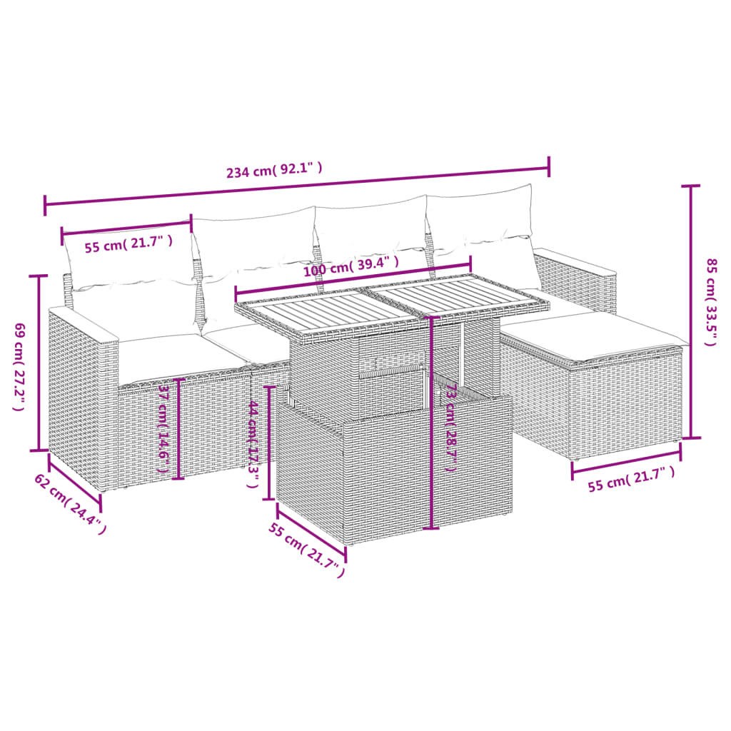 Set Divano da Giardino 6 pz con Cuscini Nero in Polyrattan | homemem39