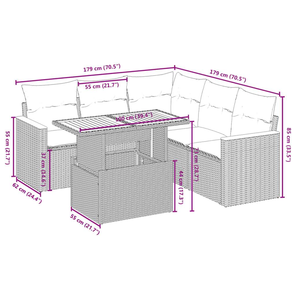 Set Divano da Giardino 6 pz con Cuscini Nero in Polyrattan | homemem39