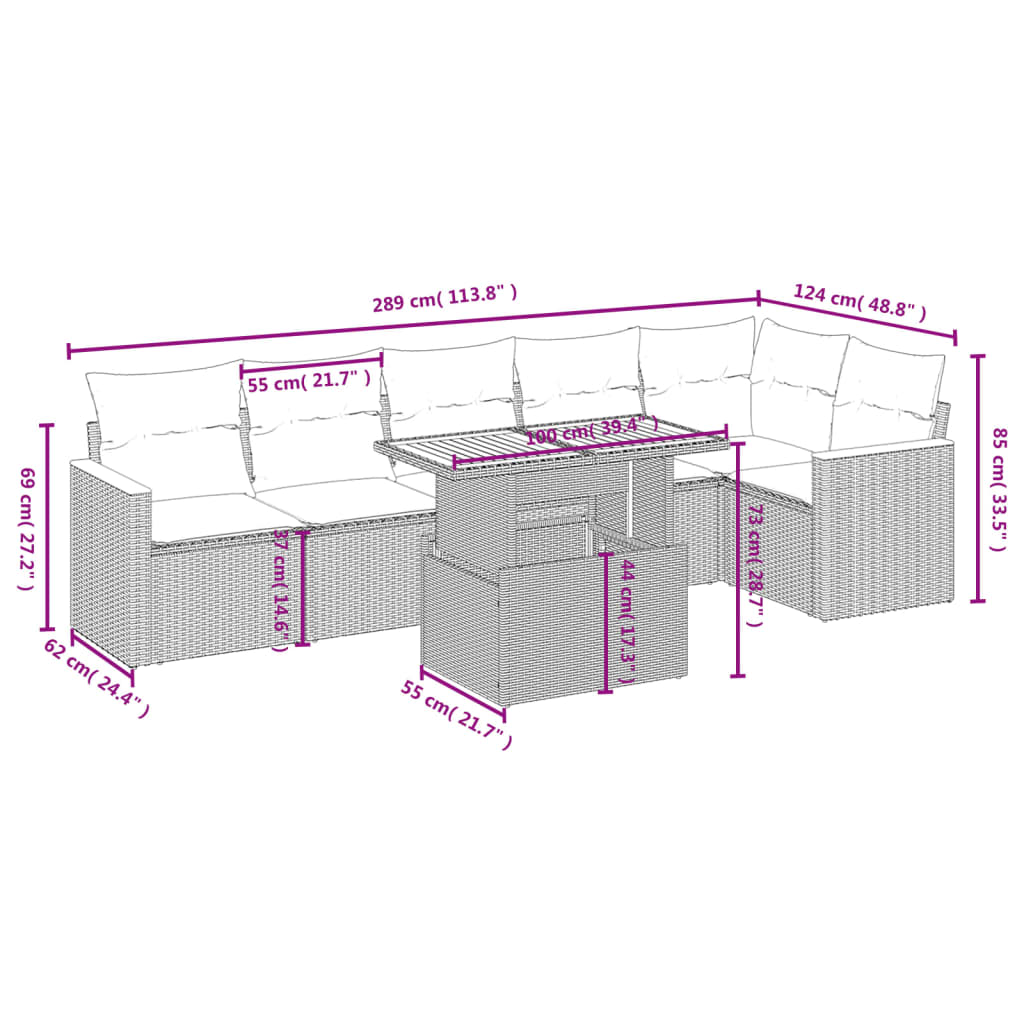 Set Divani da Giardino 7 pz con Cuscini Grigio in Polyrattan | homemem39