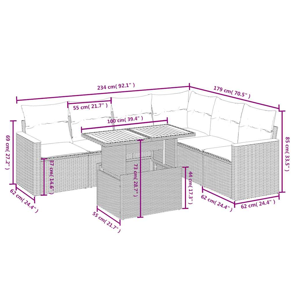 Set Divani da Giardino con Cuscini 7pz Nero Polyrattan
