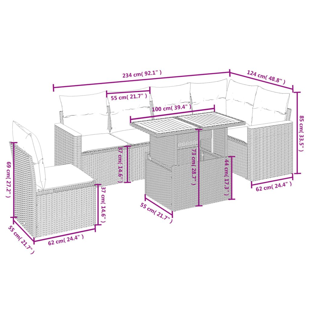 Set Divani da Giardino 7 pz con Cuscini Beige in Polyrattan | homemem39