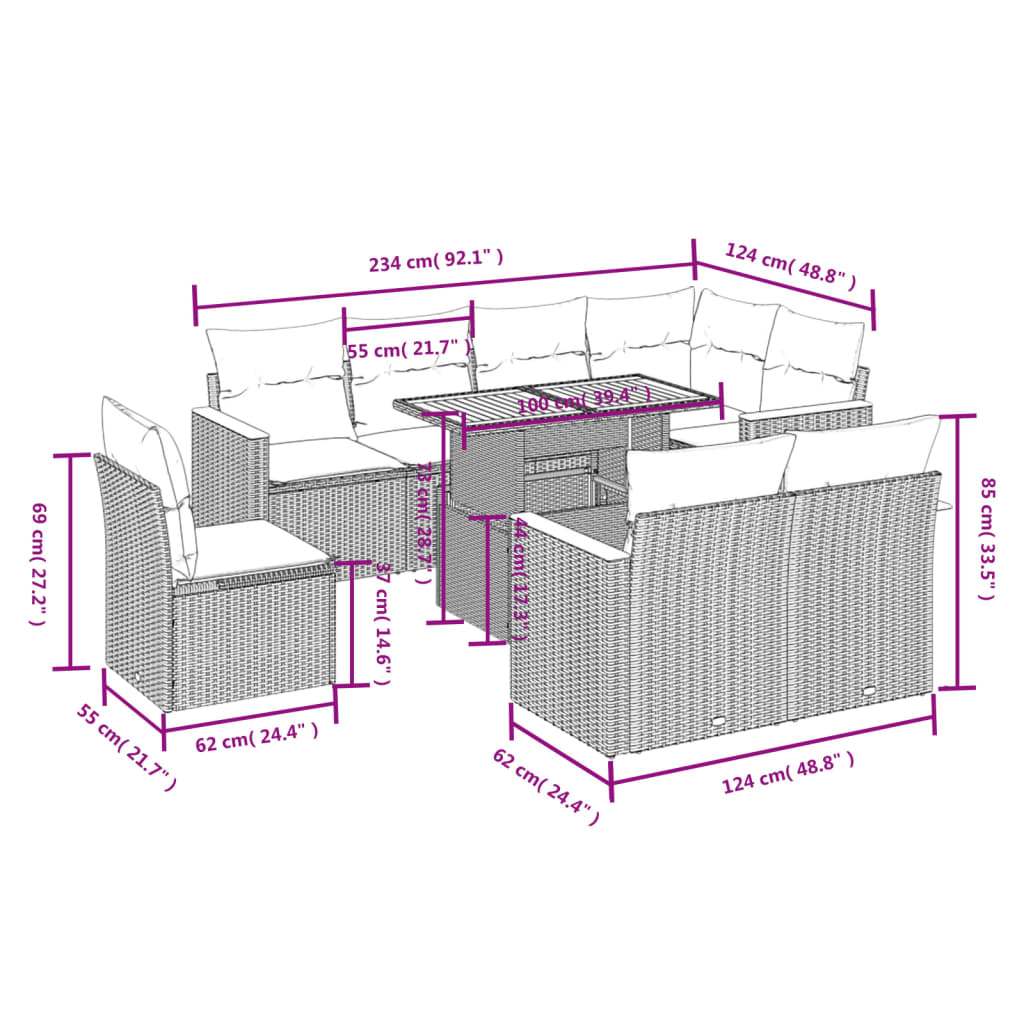 Set Divano da Giardino 9 pz con Cuscini Beige in Polyrattan | homemem39