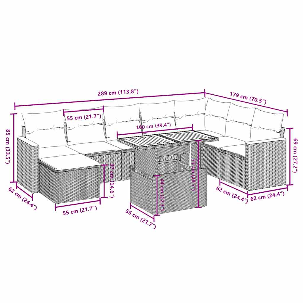 Set Divani da Giardino 9 pz con Cuscini Nero in Polyrattan | homemem39
