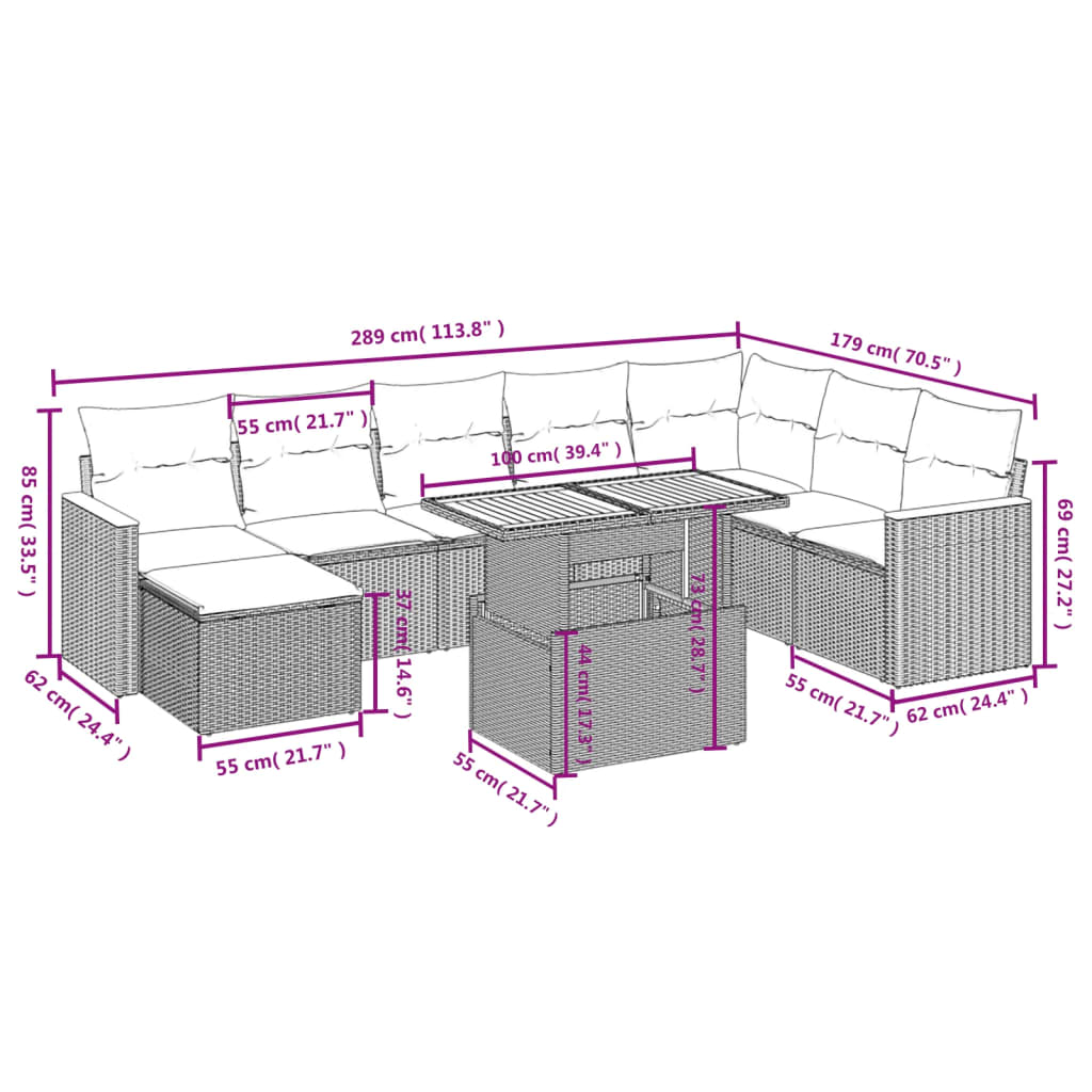 Set Divano da Giardino 9 pz con Cuscini Beige in Polyrattan | homemem39