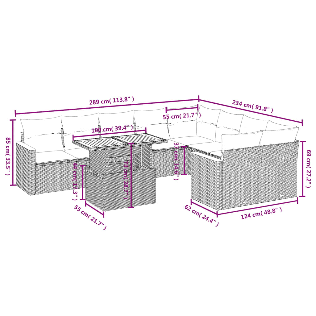 Set Divani da Giardino 10pz con Cuscini in Polyrattan Nero | homemem39