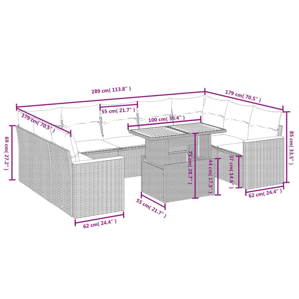 Set Divani da Giardino 11 pz con Cuscini in Polyrattan Nero | homemem39