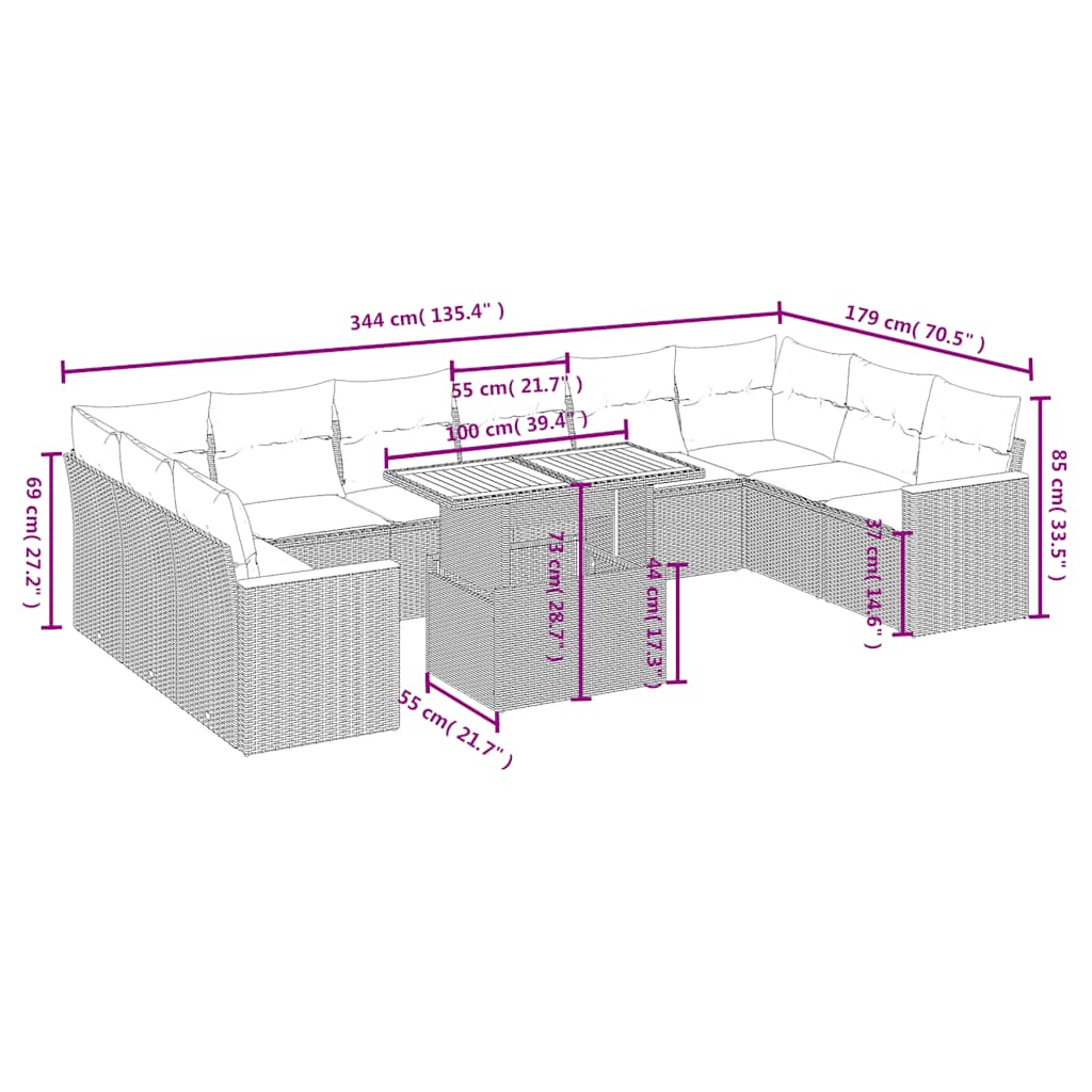 Set Divani da Giardino 11 pz con Cuscini Beige in Polyrattan | homemem39