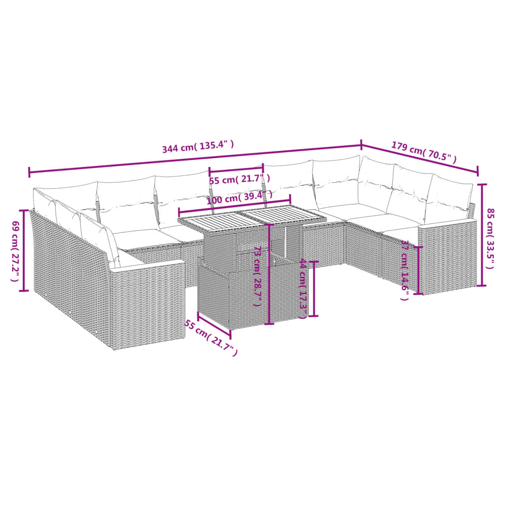 Set Divani da Giardino 11 pz con Cuscini Beige in Polyrattan | homemem39