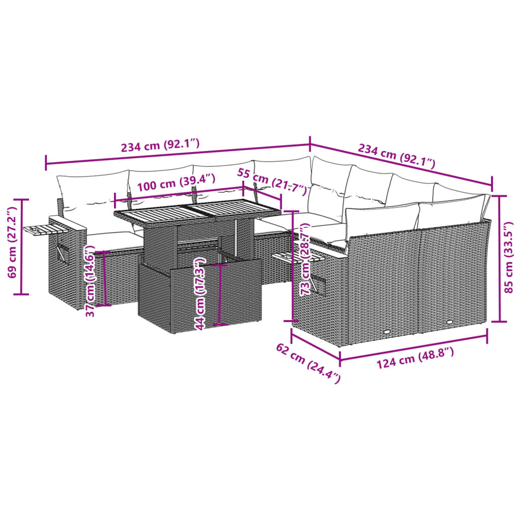 Set Divani da Giardino 9 pz con Cuscini Nero in Polyrattan