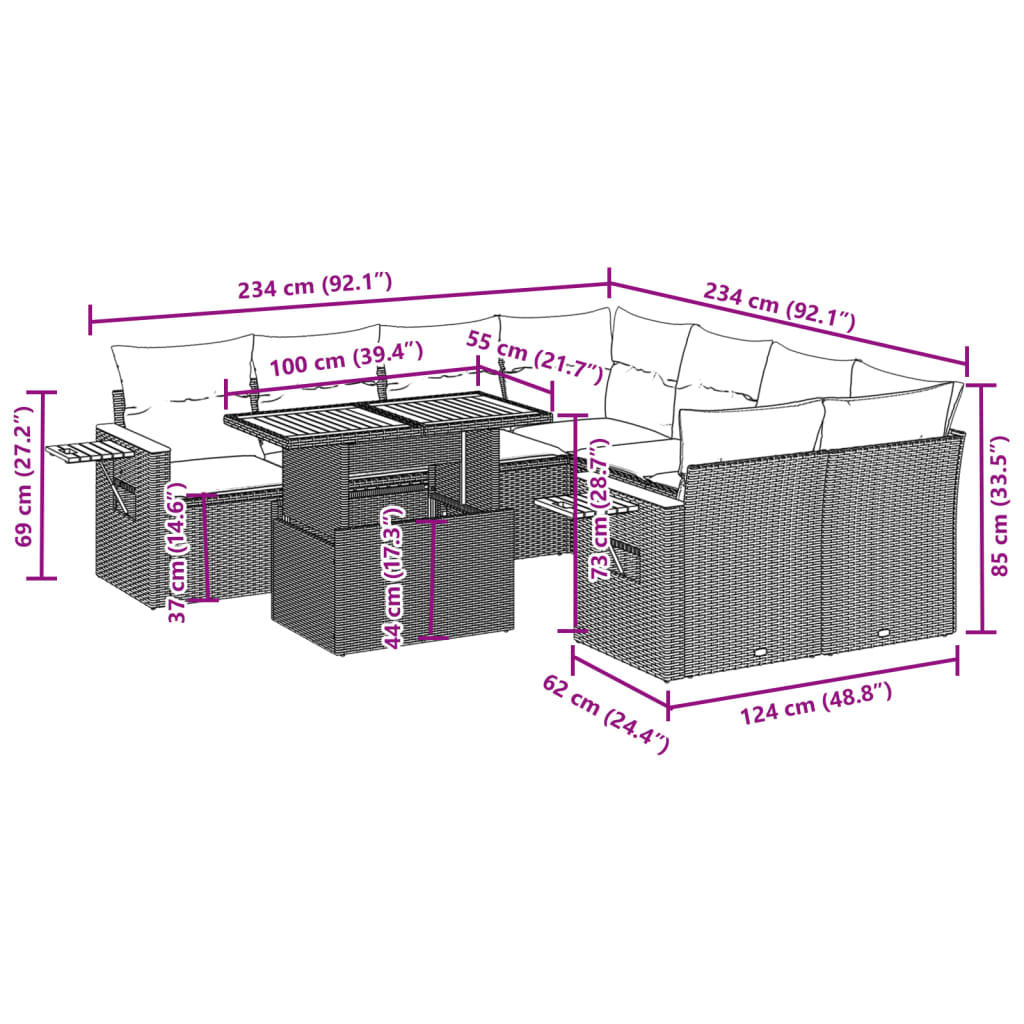 Set Divano da Giardino 9 pz con Cuscini Grigio in Polyrattan | homemem39