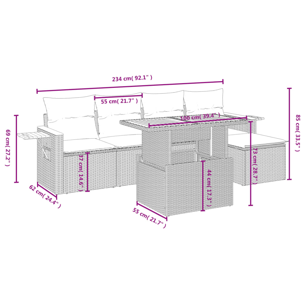Set Divano da Giardino 6 pz con Cuscini Beige in Polyrattan | homemem39