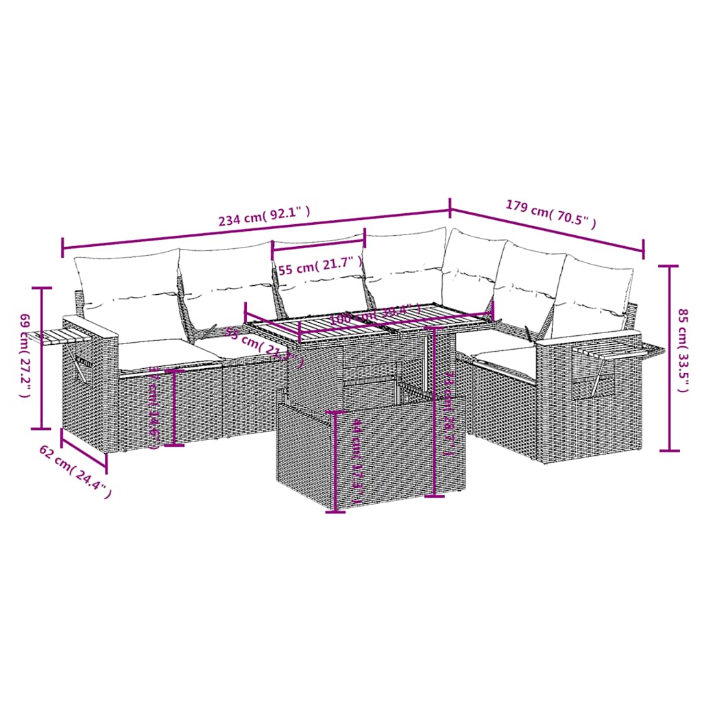 Set Divani da Giardino con Cuscini 7pz Nero Polyrattan