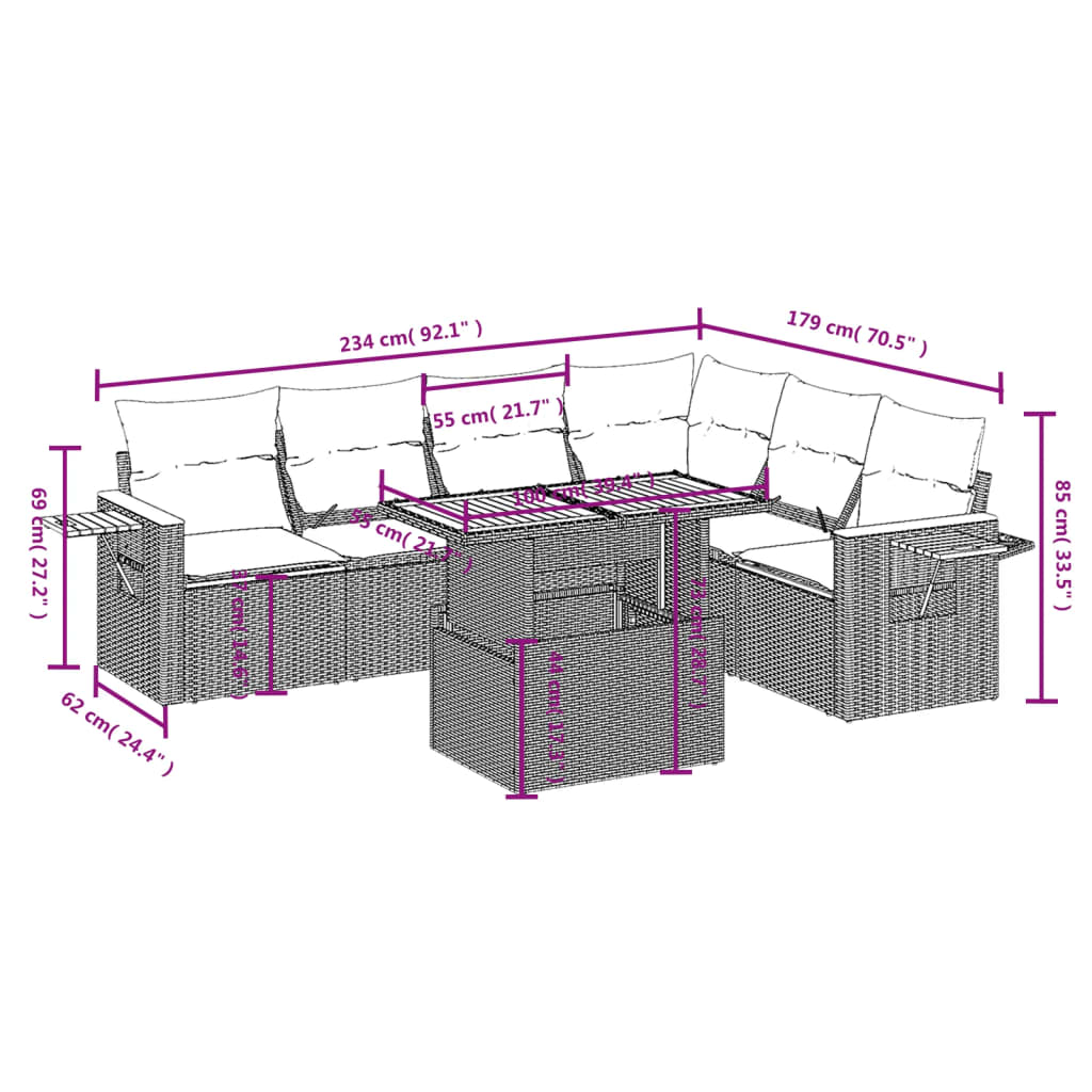 Set Divani da Giardino con Cuscini 7pz Nero Polyrattan